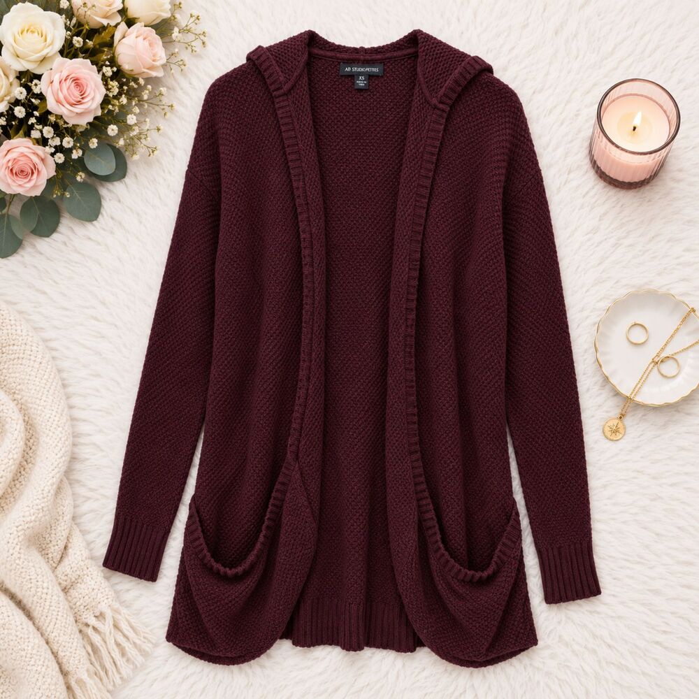 American Eagle Burgundy Hooded Cardigan Sweater Waffle Knit Size S Small (744)